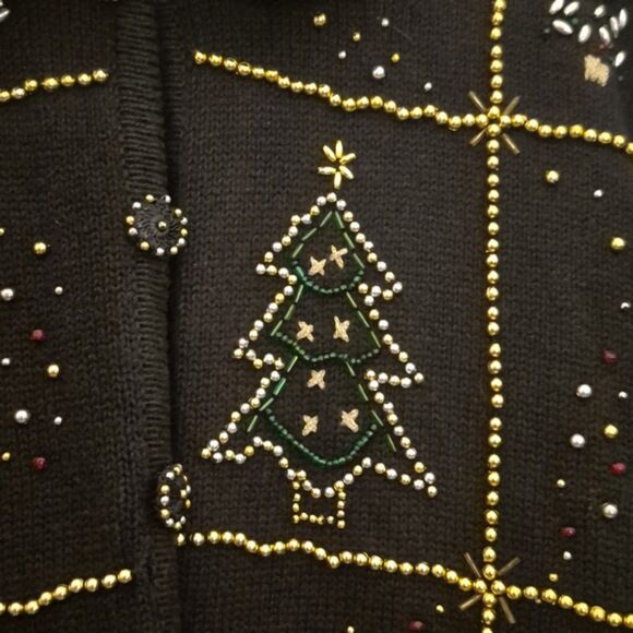 Vintage Studio Joy Holiday Sweater XL Button Front Embellished Faux Fur Collar - Picture 10 of 11